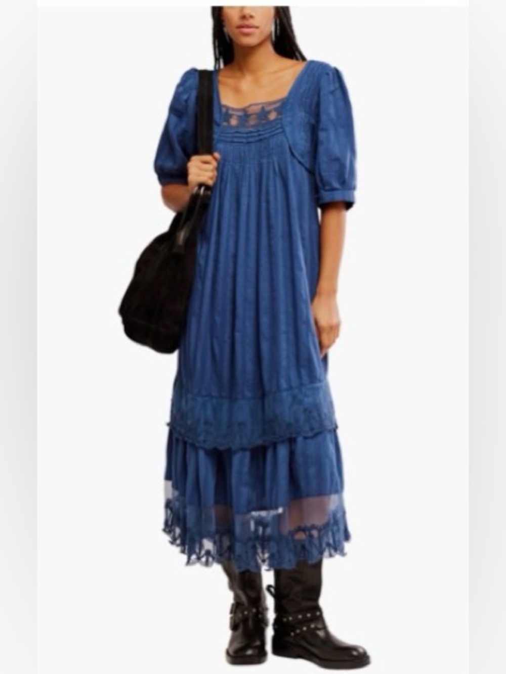 SOLD. FREE PEOPLE Calder Midi Dress in Skipper Blue / Navy Blue size small - Picture 3 of 15